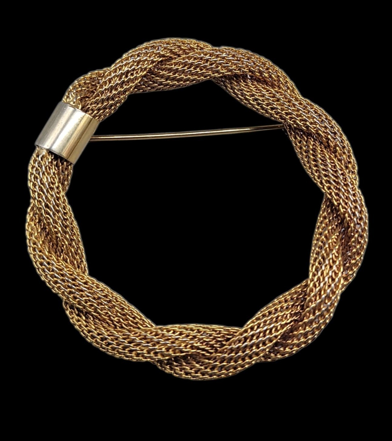 Vintage Gold-Tone Braided Mesh Circle Brooch Pin With Safety Clasp