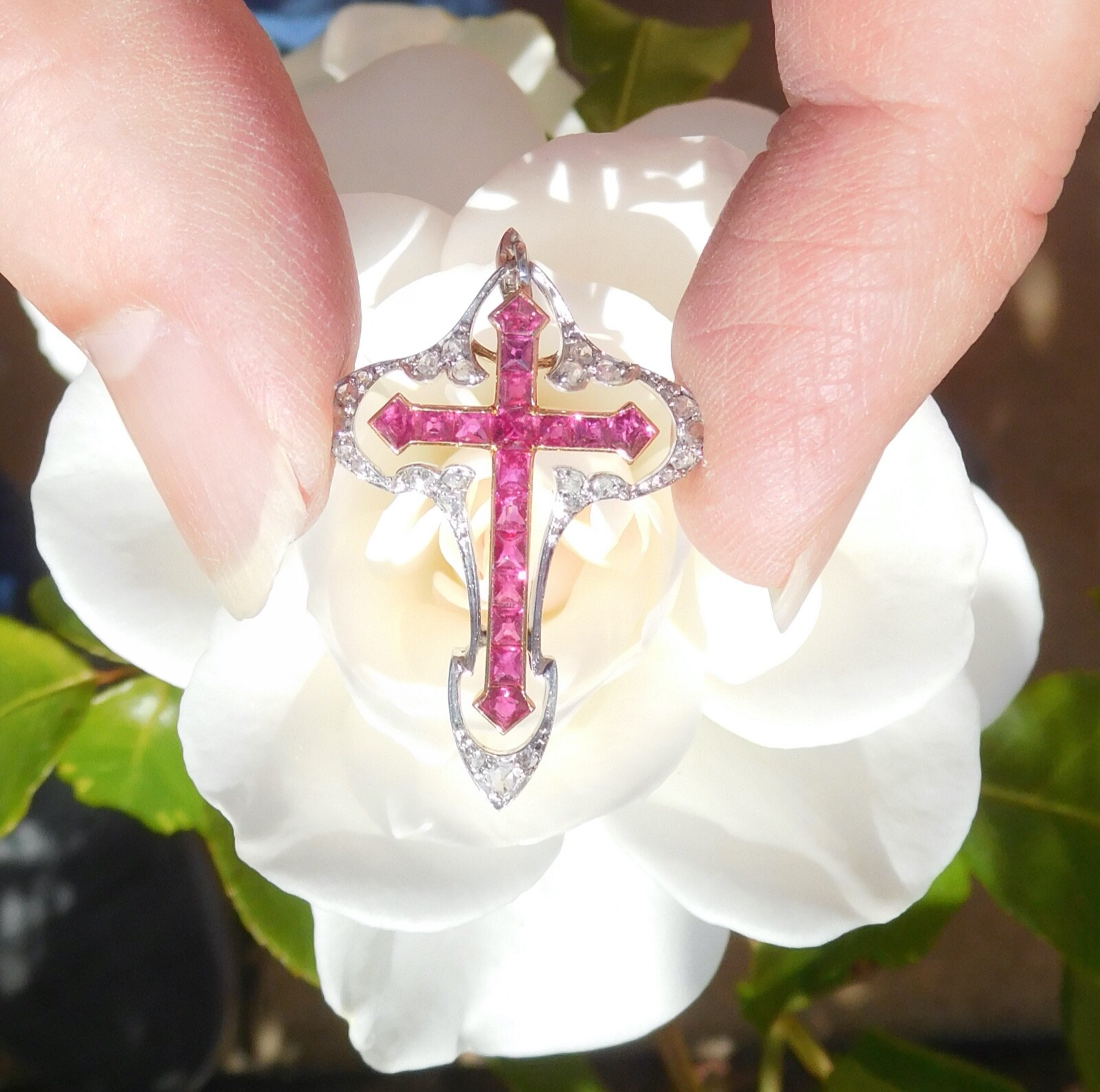 Belle Époque Art Nouveau 18K Rose Gold Platinum Diamonds Rubies Cross Pendant 🥀
