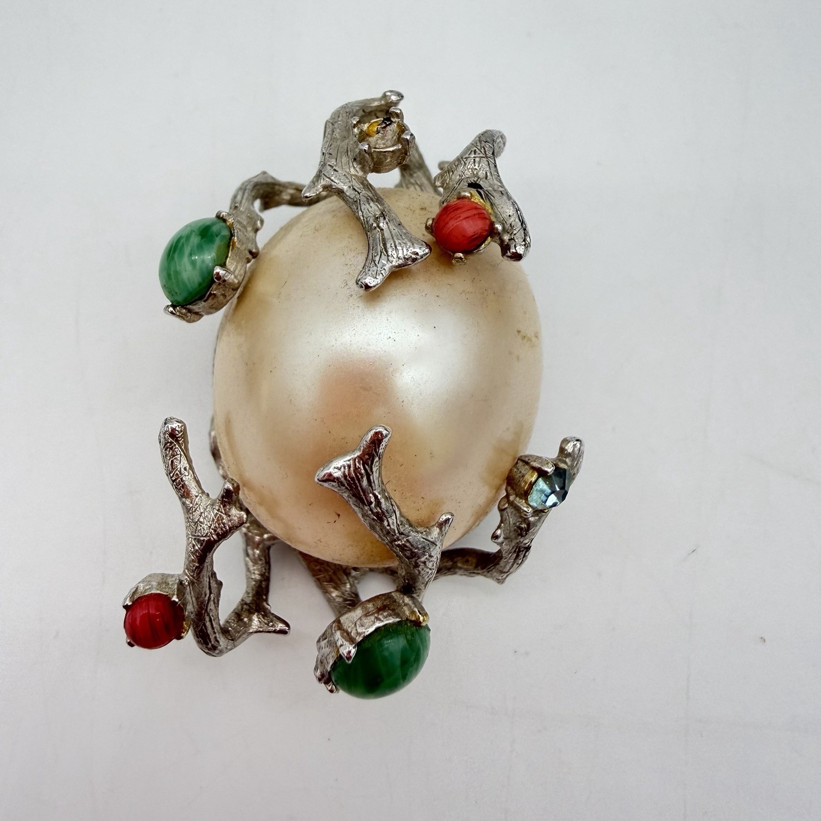 Vtg Huge Faux Pearl Pin Brooch Green Coral Cabochon Branches Rare Estate Read