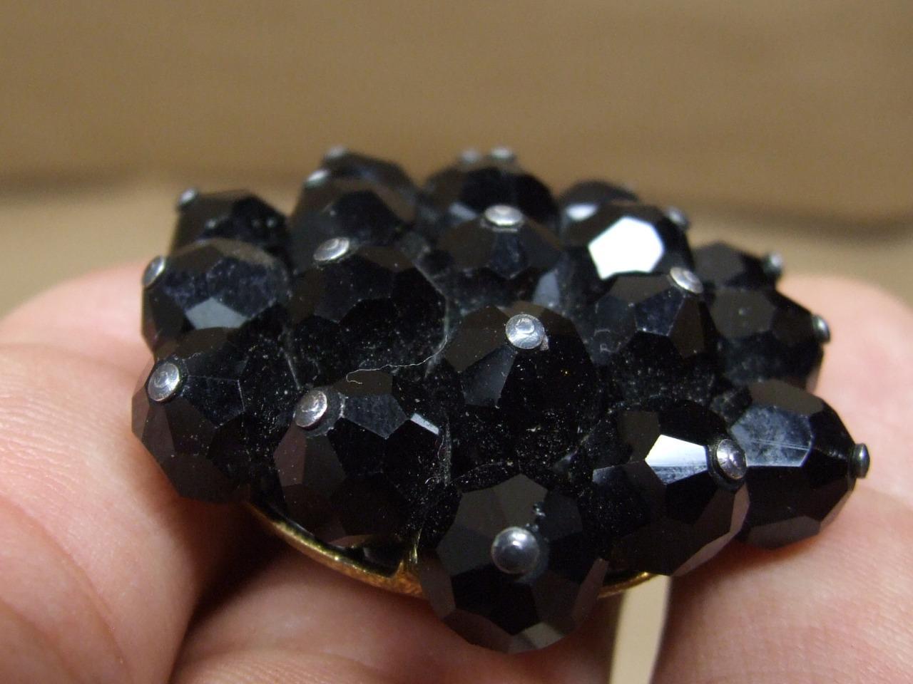 Vintage Black Faceted Glass Flower Pin Brooch 1 1/2 inches Across