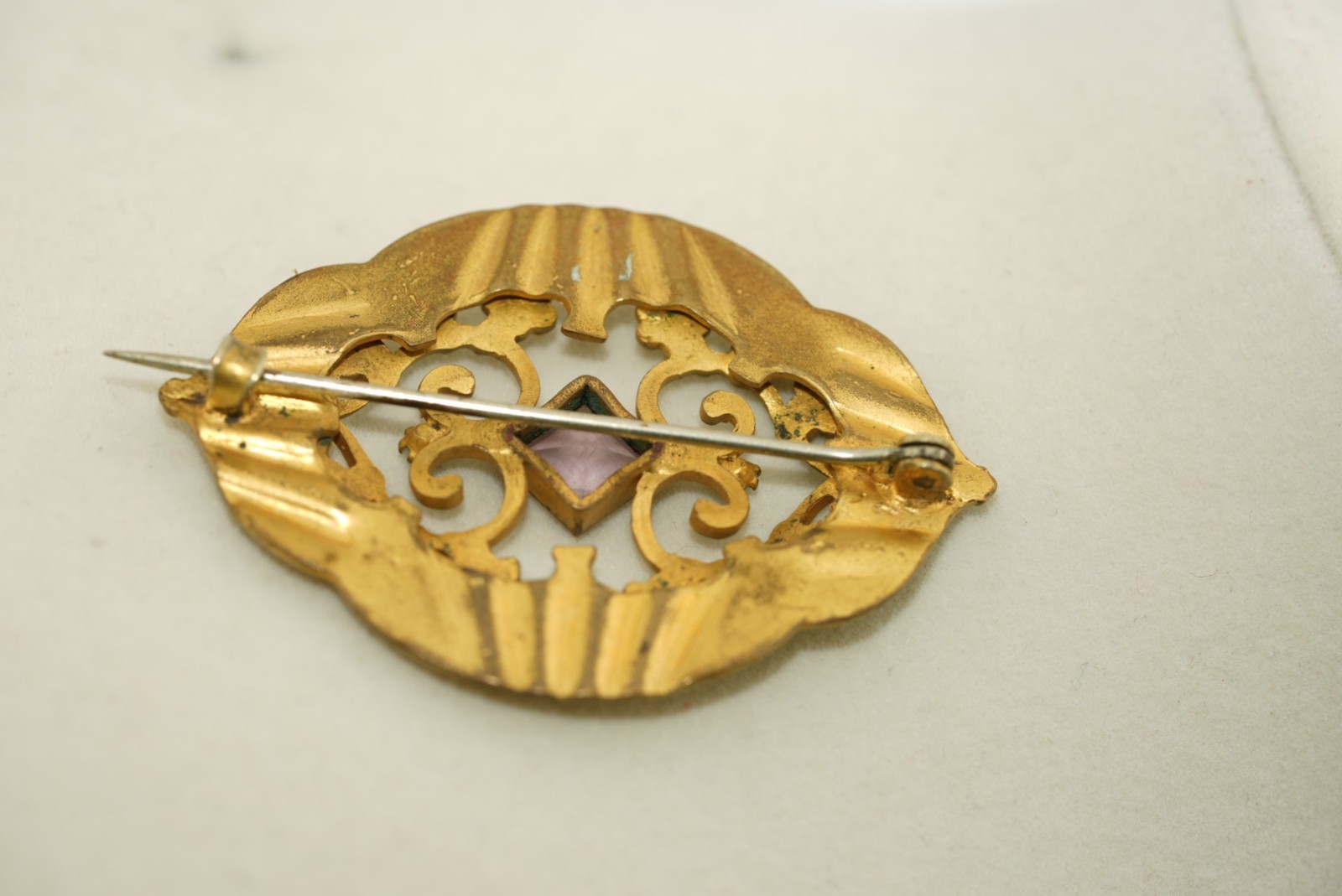 Antique Victorian Brooch Lavender Glass Gold Tone Hearts Forget Me Nots