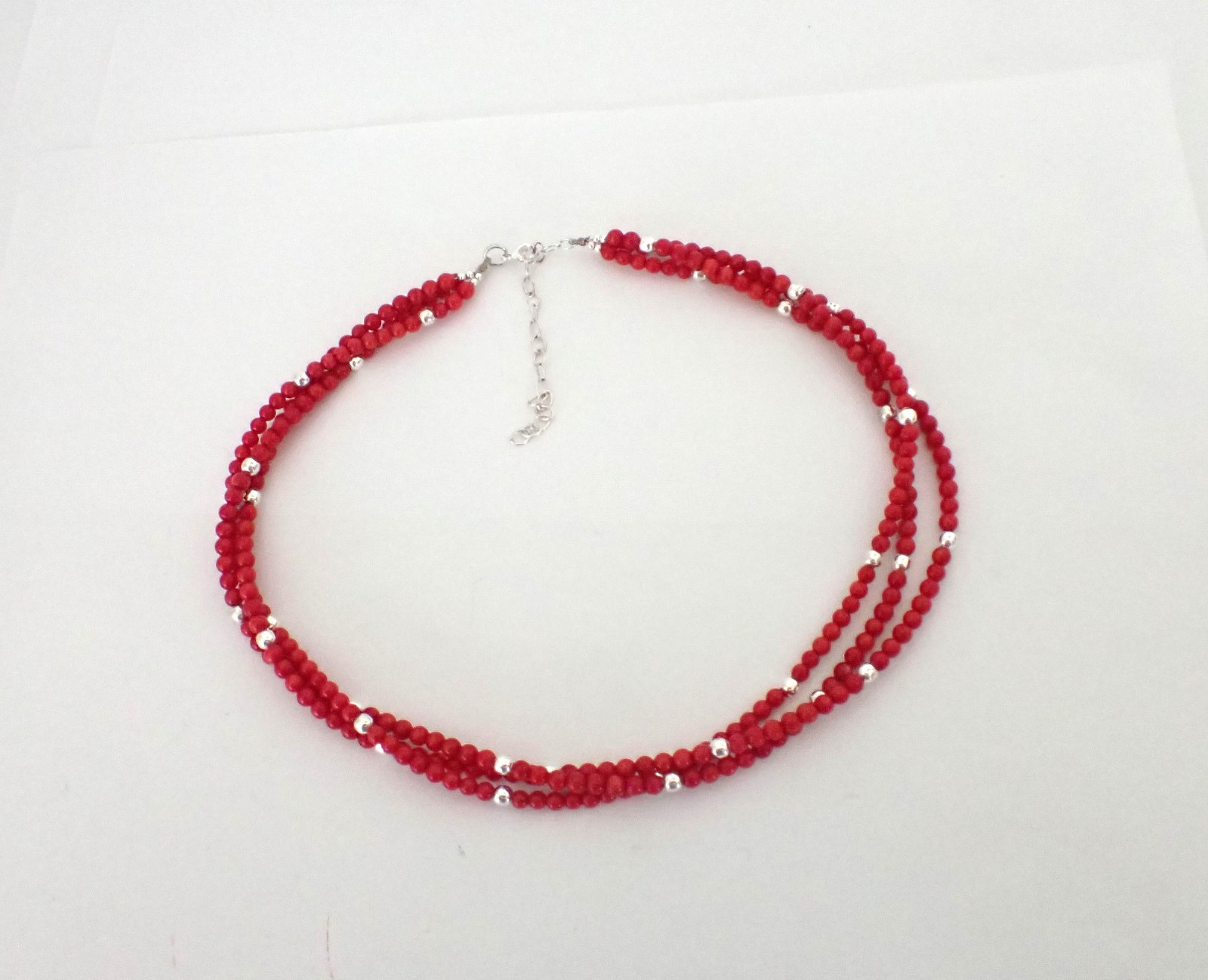 Vintage Sterling Silver & Red Coral Bead Necklace 3 Strands 19″ Long