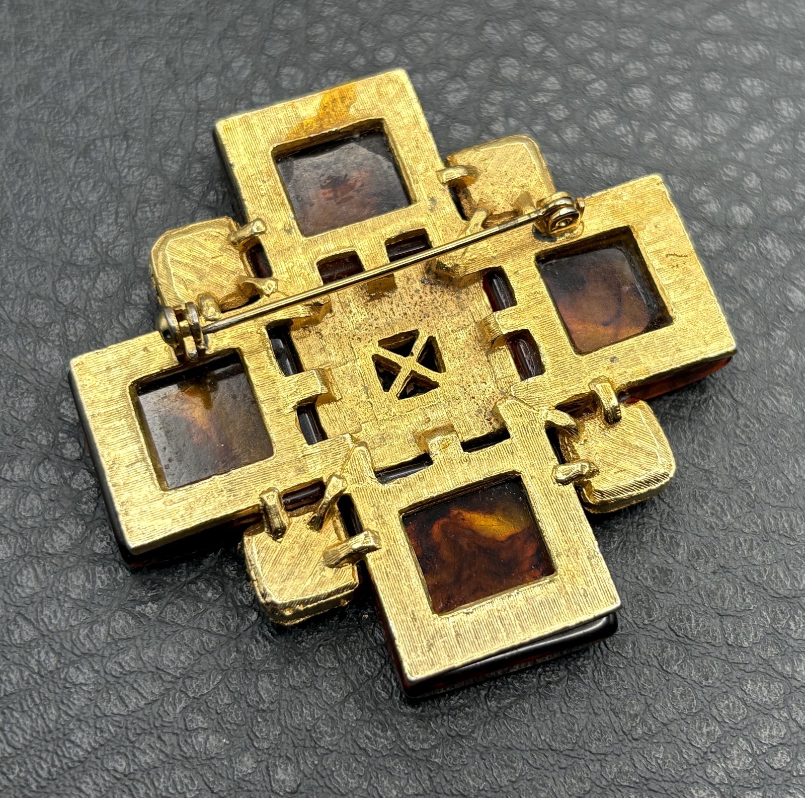 Vintage HUGE 80s Gold Tone Faux Amber Maltese Cross Brooch Pin Statement Piece