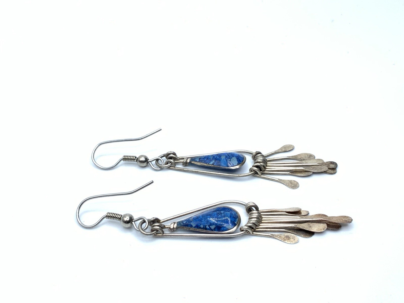 Vintage Southwest Nickel Silver Mix Metal Blue Resin Drop Dangle Hook Earrings