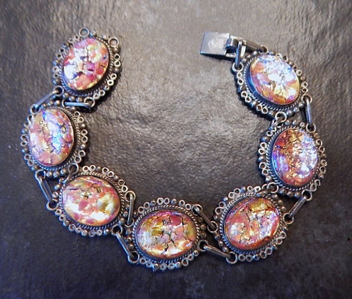 Vintage JOY MEX 925 Sterling Silver Dragons Breath Cabochon Link Bracelet K2