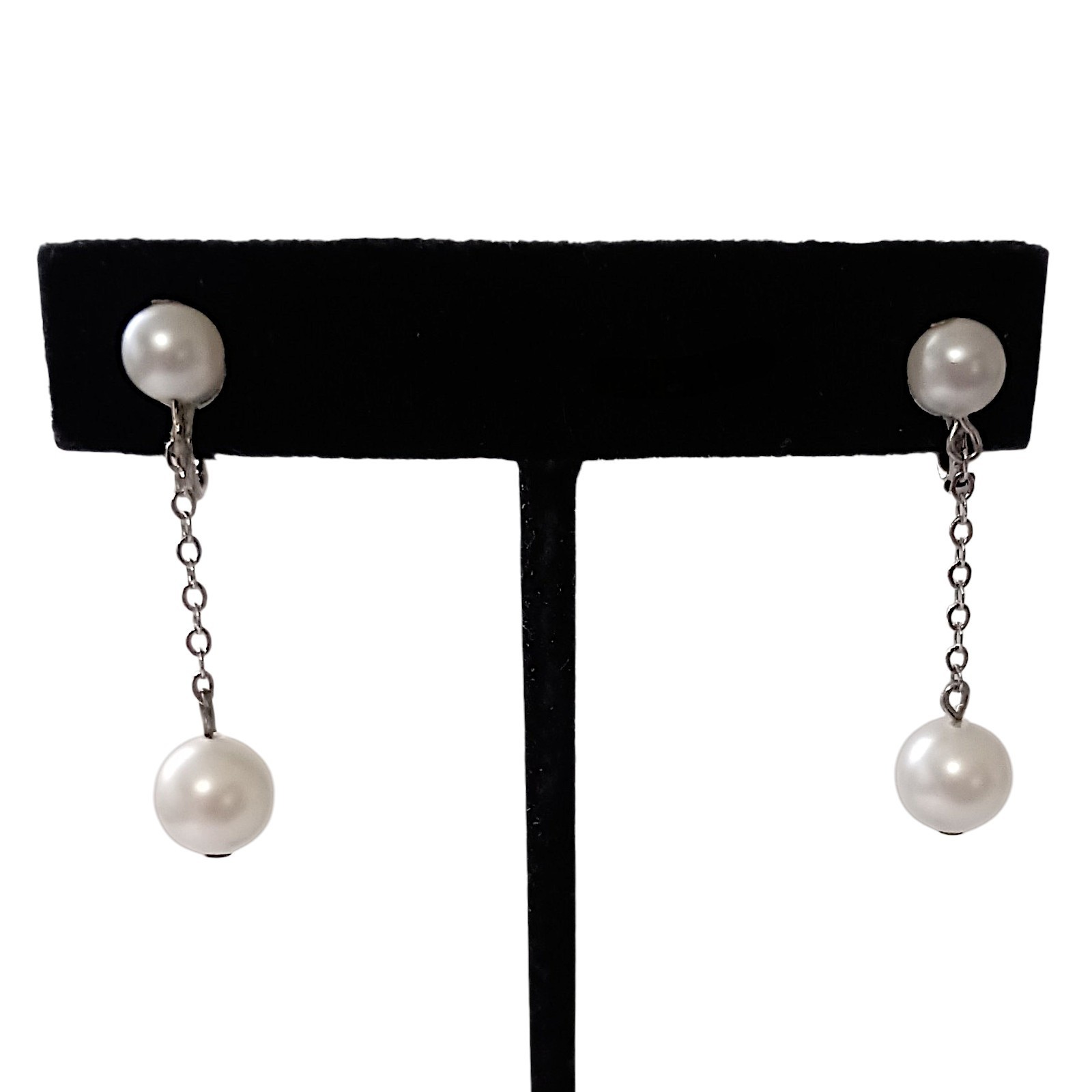 Vintage Faux Pearl Chain Dangle Earrings Dainty Delicate Silver Tone Elegant