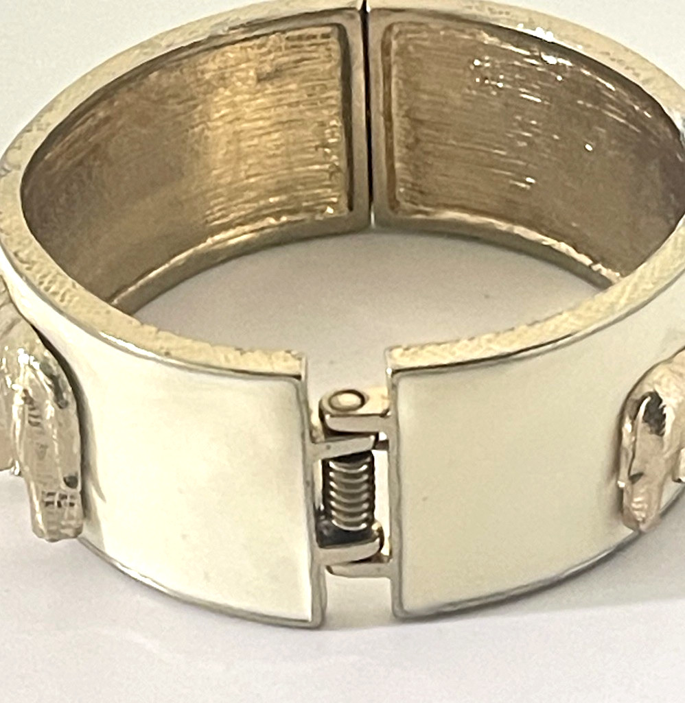 Vintage Enamel Cuff Bracelet Elephants Ivory Goldtone Crystals Hinge Opening