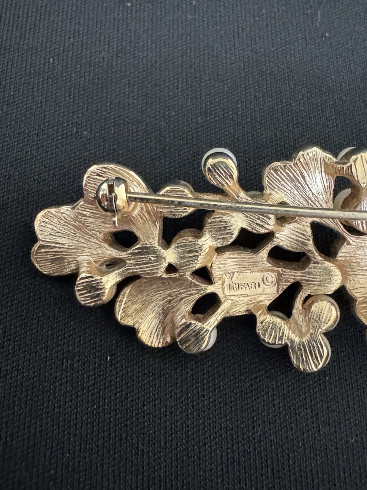 Vintage Crown Trifari Faux Pearl Berry Leaf Spray Brooch Gold Tone Textured Pin