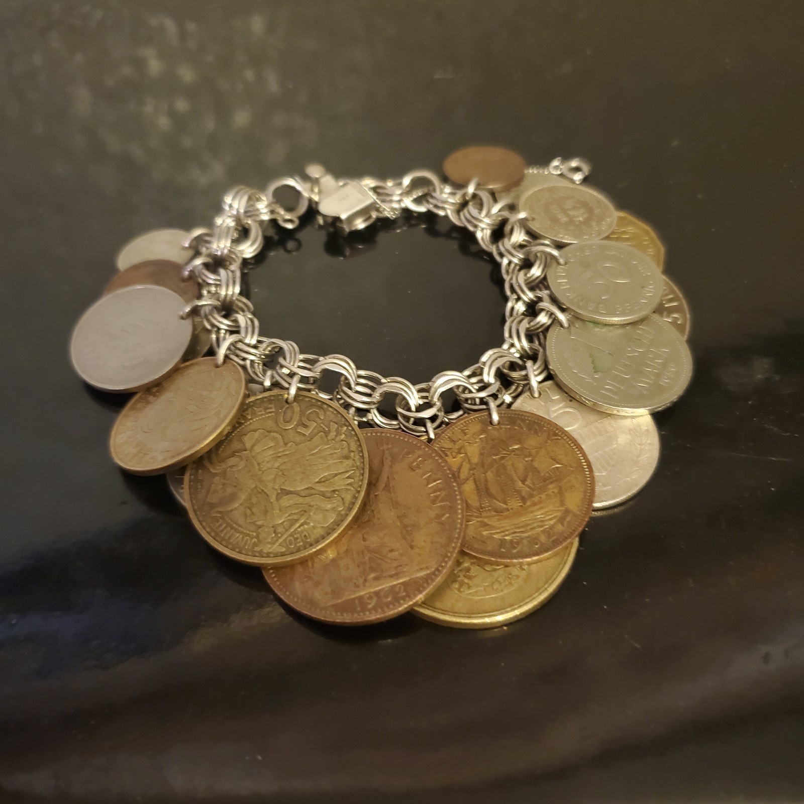Sterling Silver Bracelet With Real European Coins 1949-1965 total of 20 Vintage