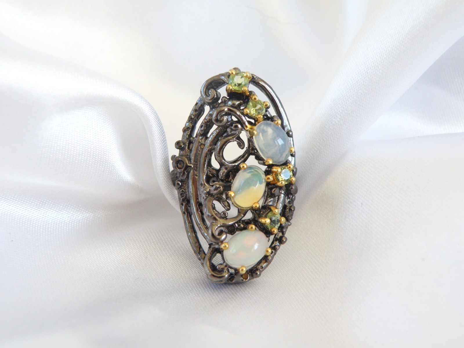Brutalist Sterling Silver 925 Ethiopian Opal Peridot Modernist Ring Size 8