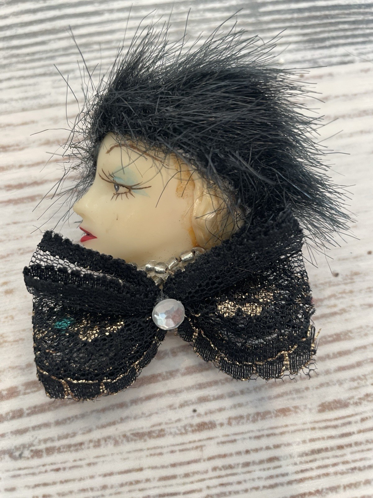 Vtg Statement Brooch 1920s Style Lady With Faux Fur Hat 3×2 Inches