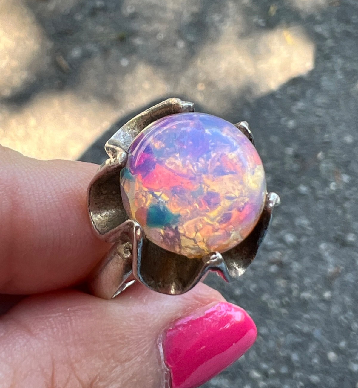 VINTAGE LARGE ROUND CABOCHON FAUX RAINBOW OPAL RING 925 STERLING SLVER MEXICO