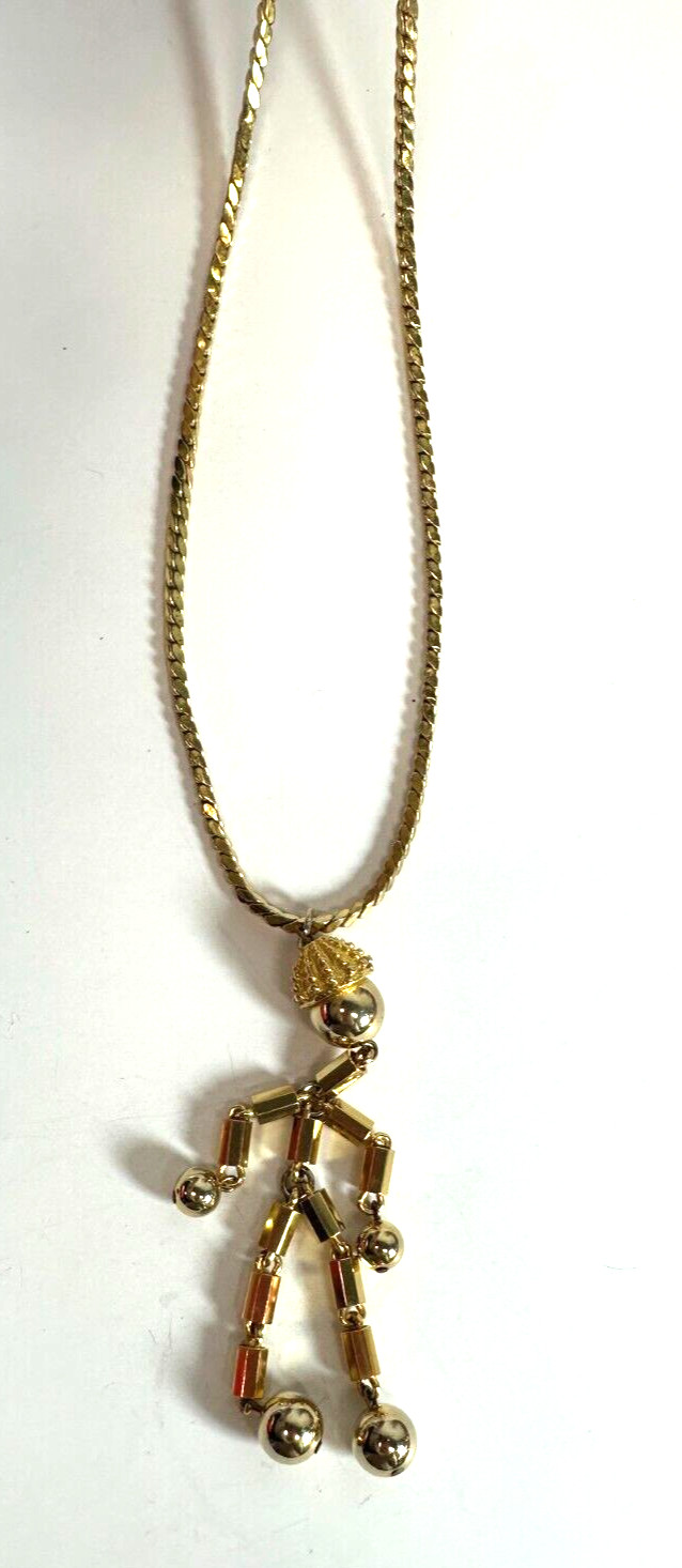 Vintage Necklace Person Stick Pendant Chain Figure Goldtone