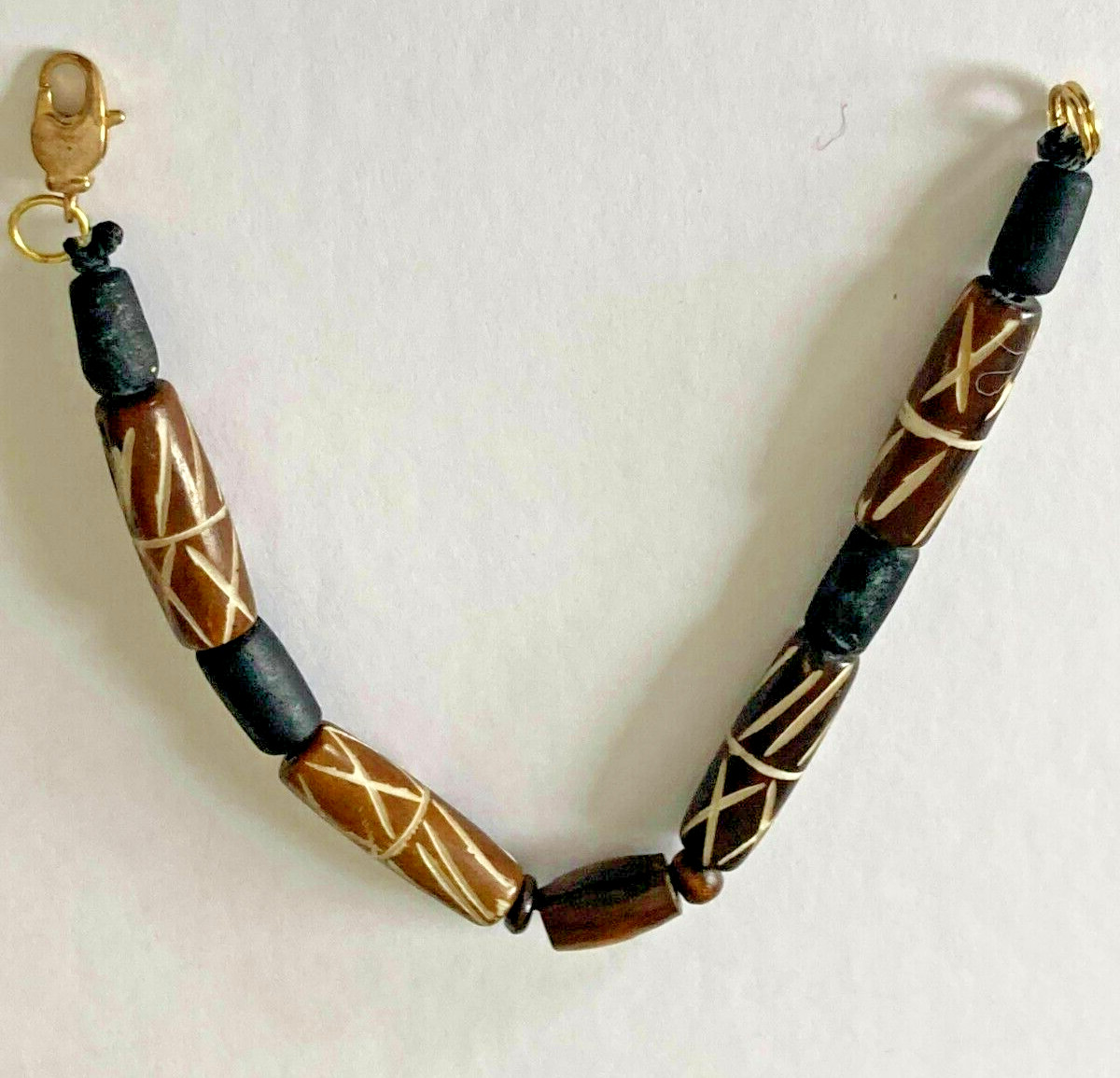 Hand Beaded Vintage Carved Wood and Black Ceramic 7.5-inches