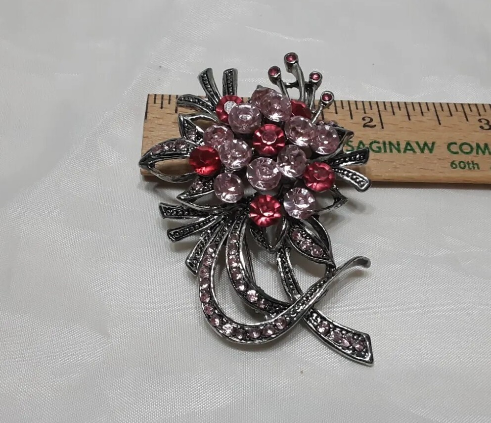Brooch Pendent Silver Tone Gunmetal Pink Lite Dark Rhinestone Big Flower Bouquet