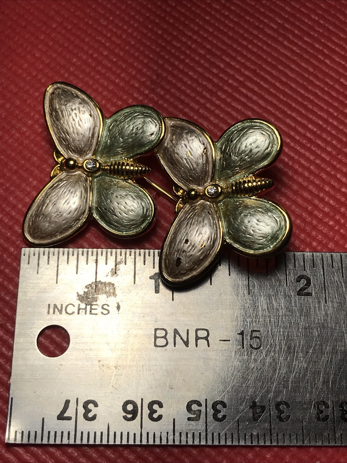 Vintage Pink and Green Brushed Double Butterfly Brooch Pin Gold Tone