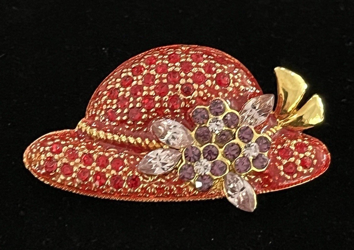 Vintage Red Hat Society Gold Tone & Rhinestone Brooch Pin