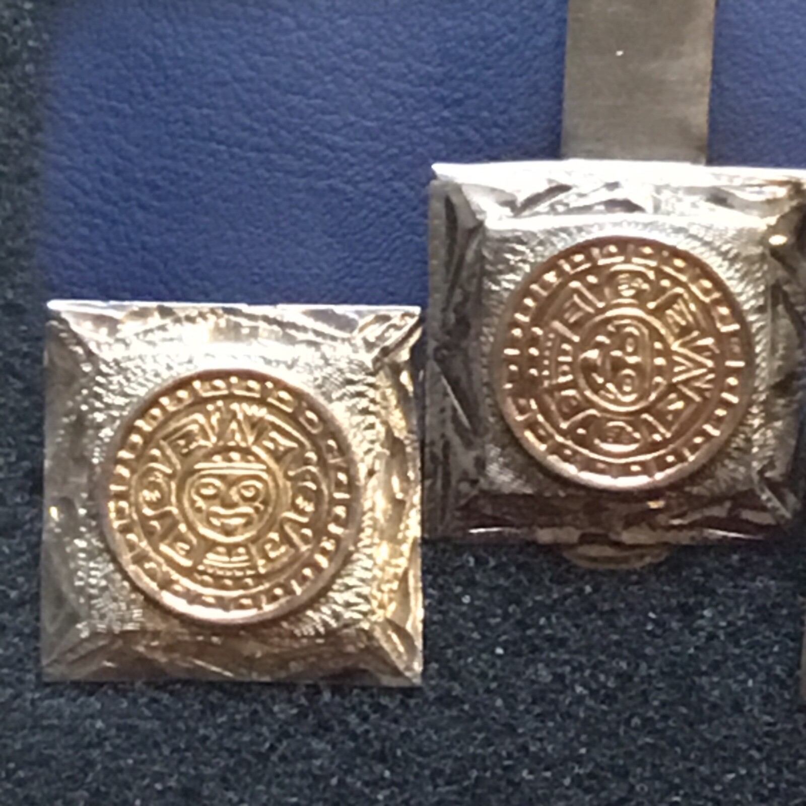 XXX RARE Vintage 925 Sterling SILVER Gold AZTEC Cuff Links Tie Clip hallmark SET