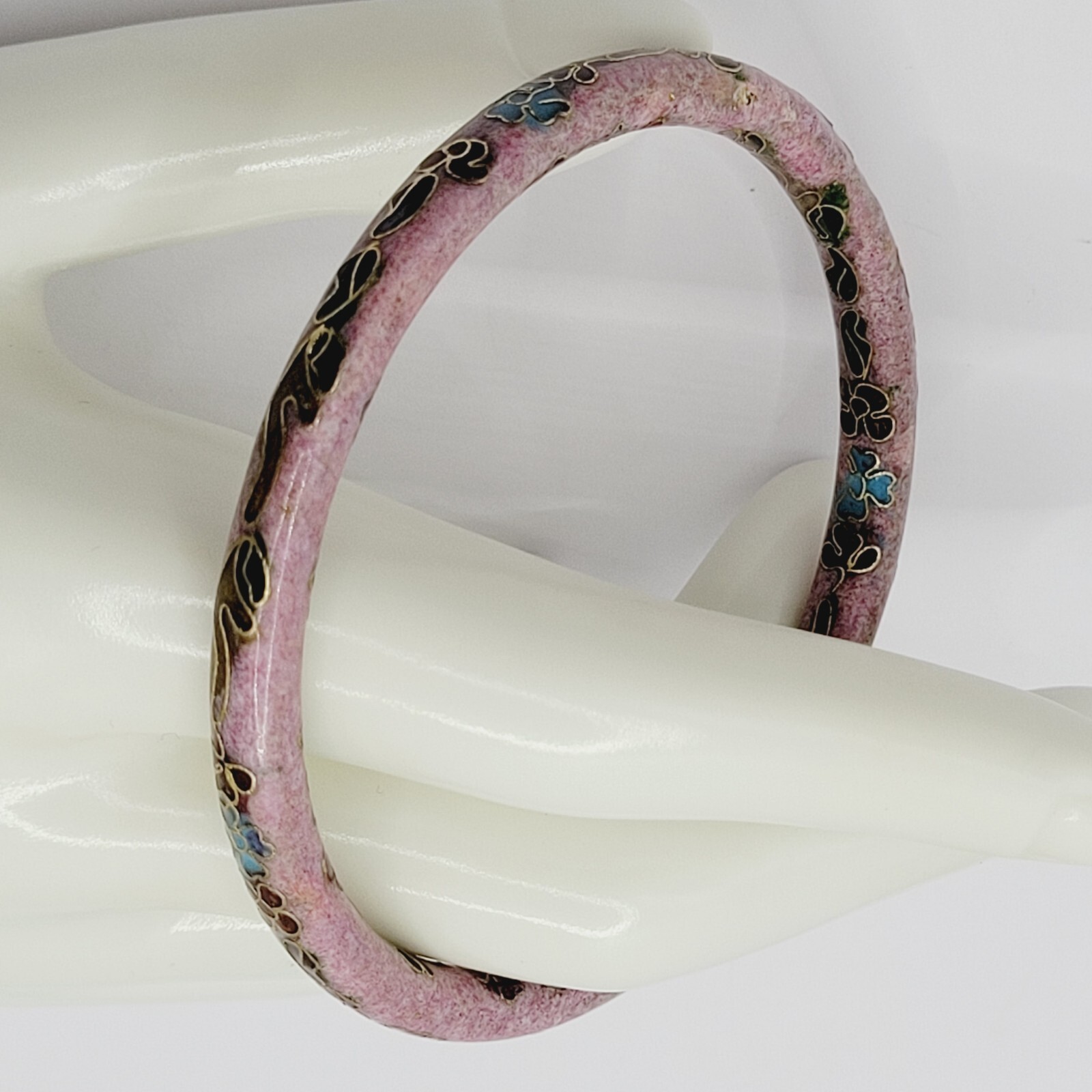 Cloisonné Asian Inspired Rose Mauve Color Floral Hand Painted Bangle Bracelet