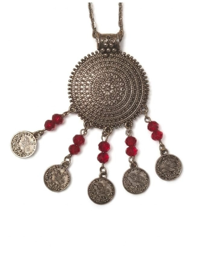 Vintage Silver ToneBoho Ethnic Necklace Coins Pendant Red Beads Womens Jewelry