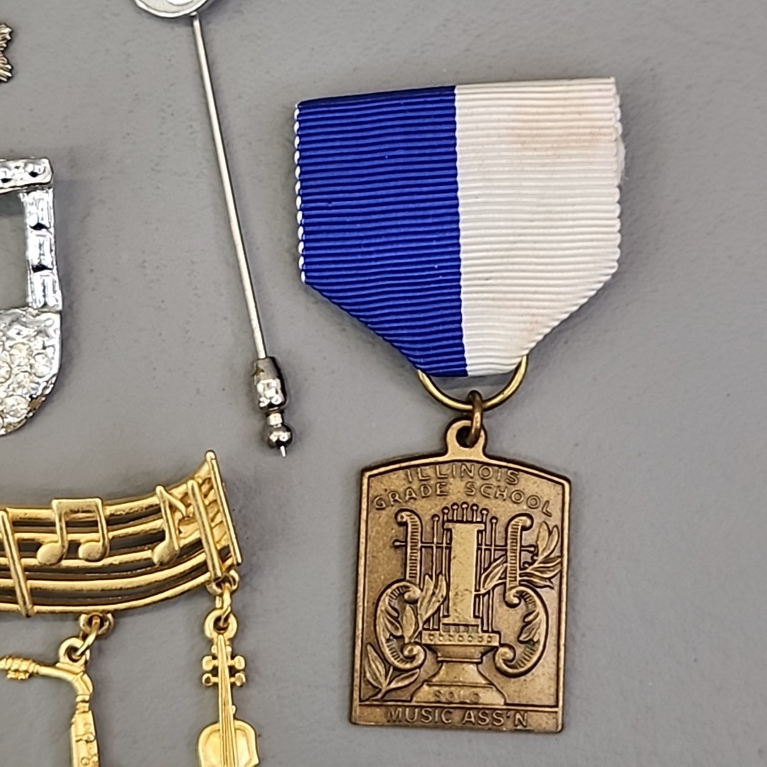 Vintage Music Lot of 6 Brooch, Medals, Stick Pins Notes Instruments