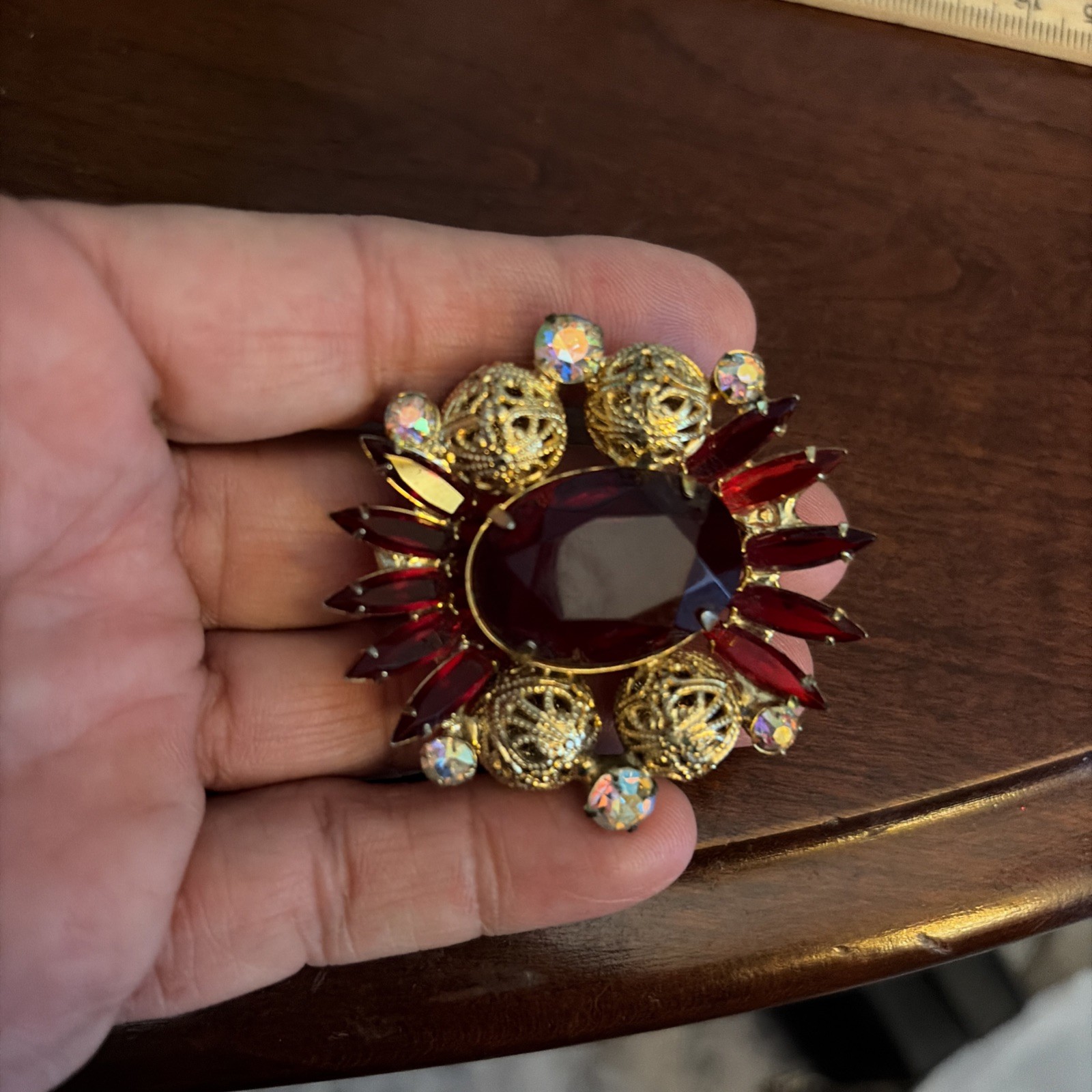 Vintage Juliana (Delizza & Elster) Red and Aurora Borealis Rhinestone Brooch Pin