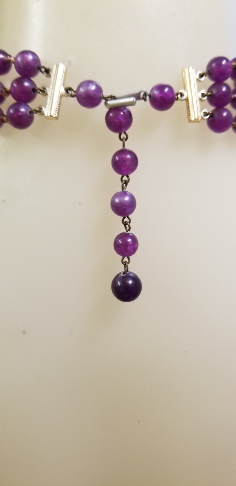 Necklace: Triple Purple and Blue Plastic Beads – Length 18″ Longest Strand Vintg