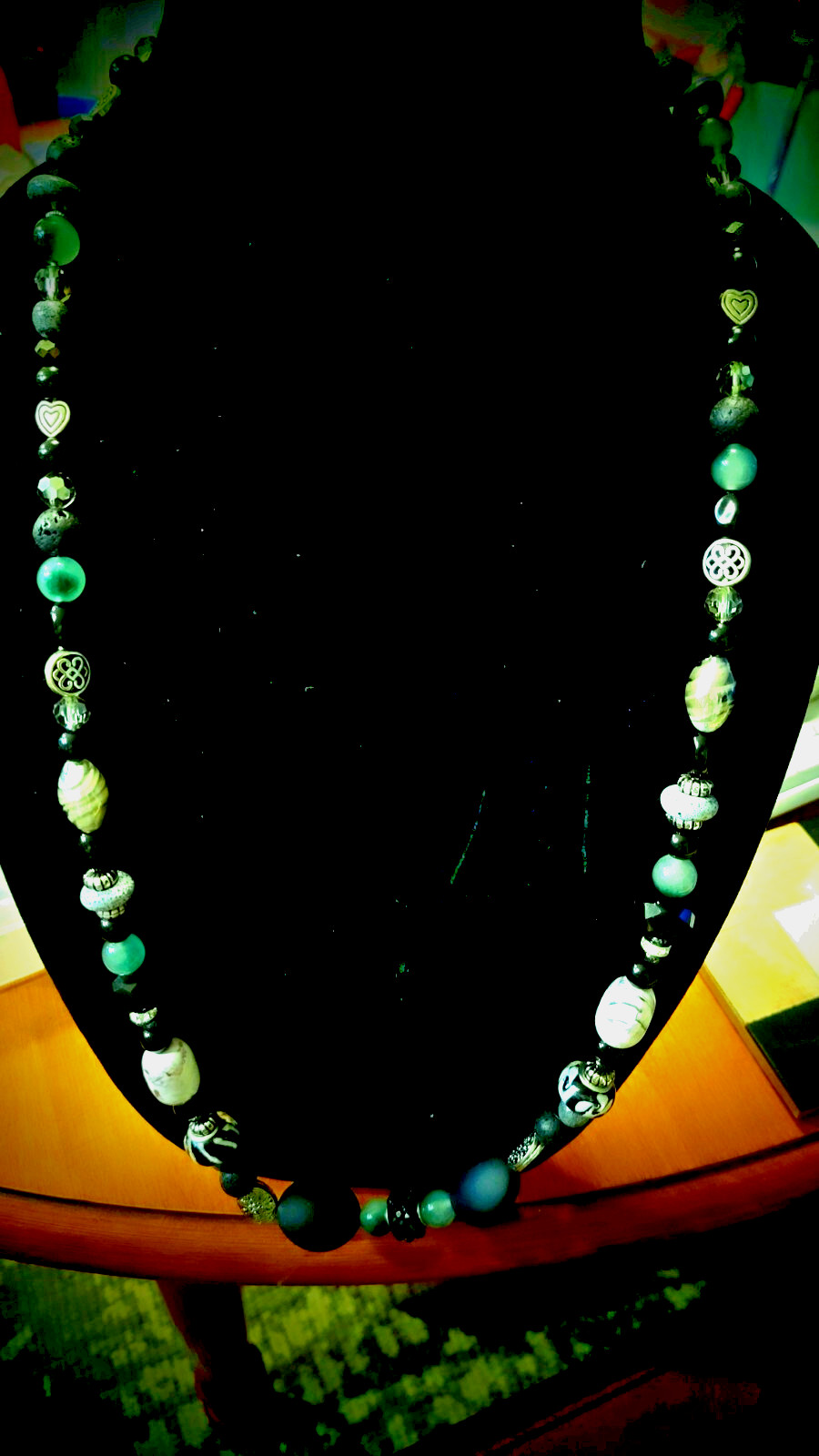 30″ necklace, rich green jadeite, black lava stone, lamp work, agate, silver.