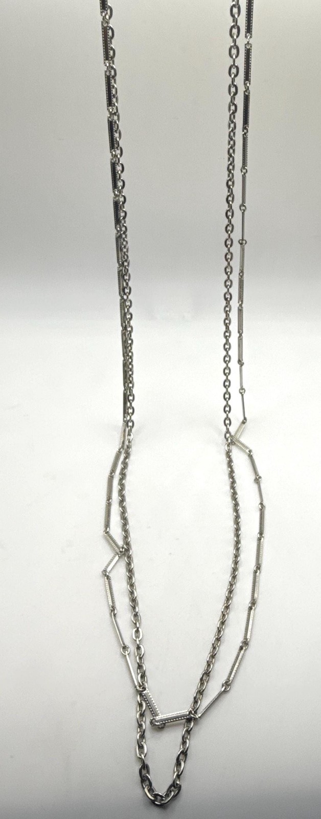 Vintage two strand long silver tone chain bar link