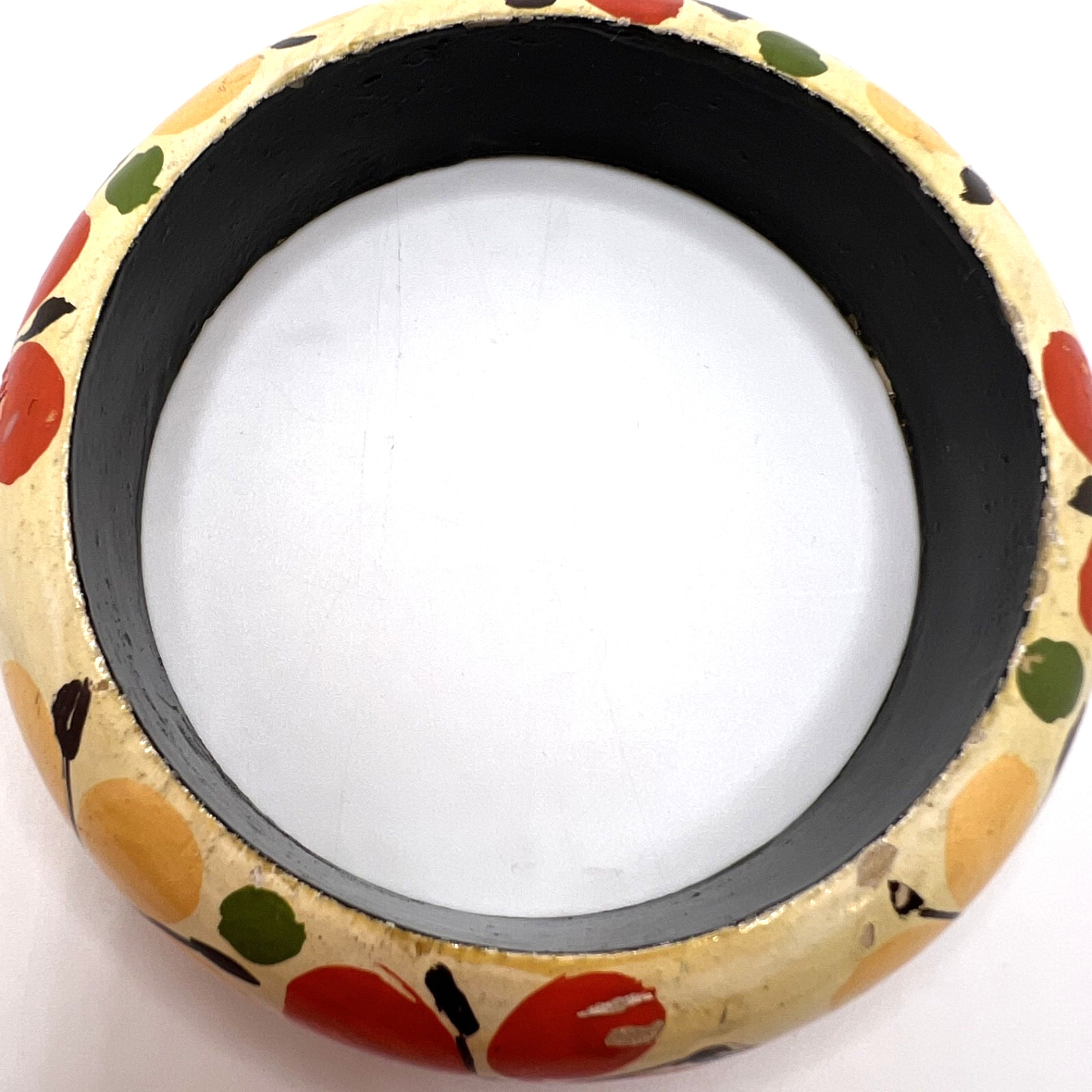 Vtg 60s-70s PAINTED WOODEN BANGLE- Bright Flowers on Cream – 7.5-8″ – Very Light