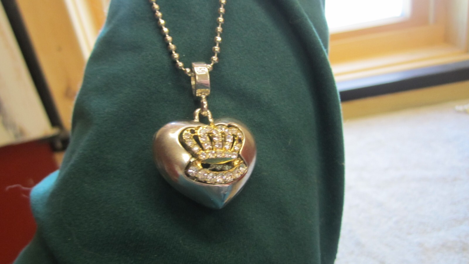 Vintage Puffy Heart Charm Necklace Pendant Brass Metal Rhinestone about 1″