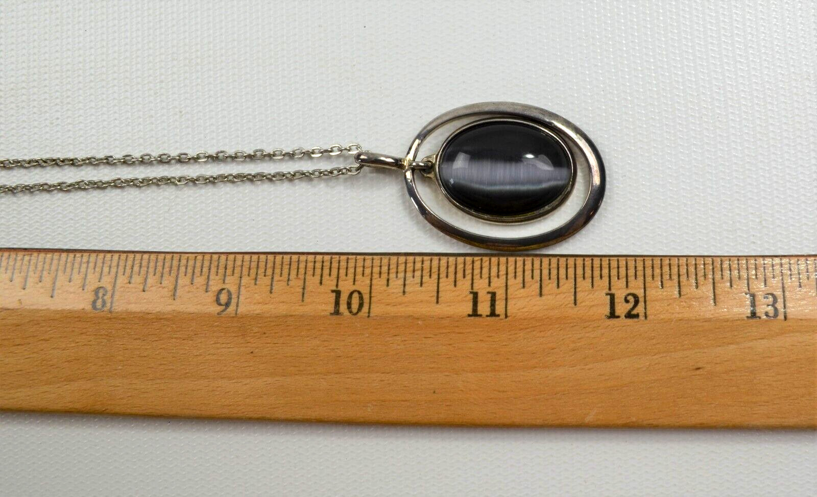 Vintage Silver Toned Metal Necklace and Oval Pendant w/ Dangling Gray Stone 12″