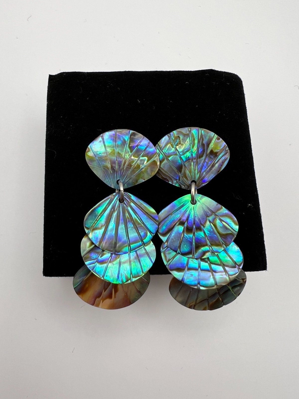 Vintage Abalone Paua Shell Fan Dangle Earrings Iridescent Statement Earrings