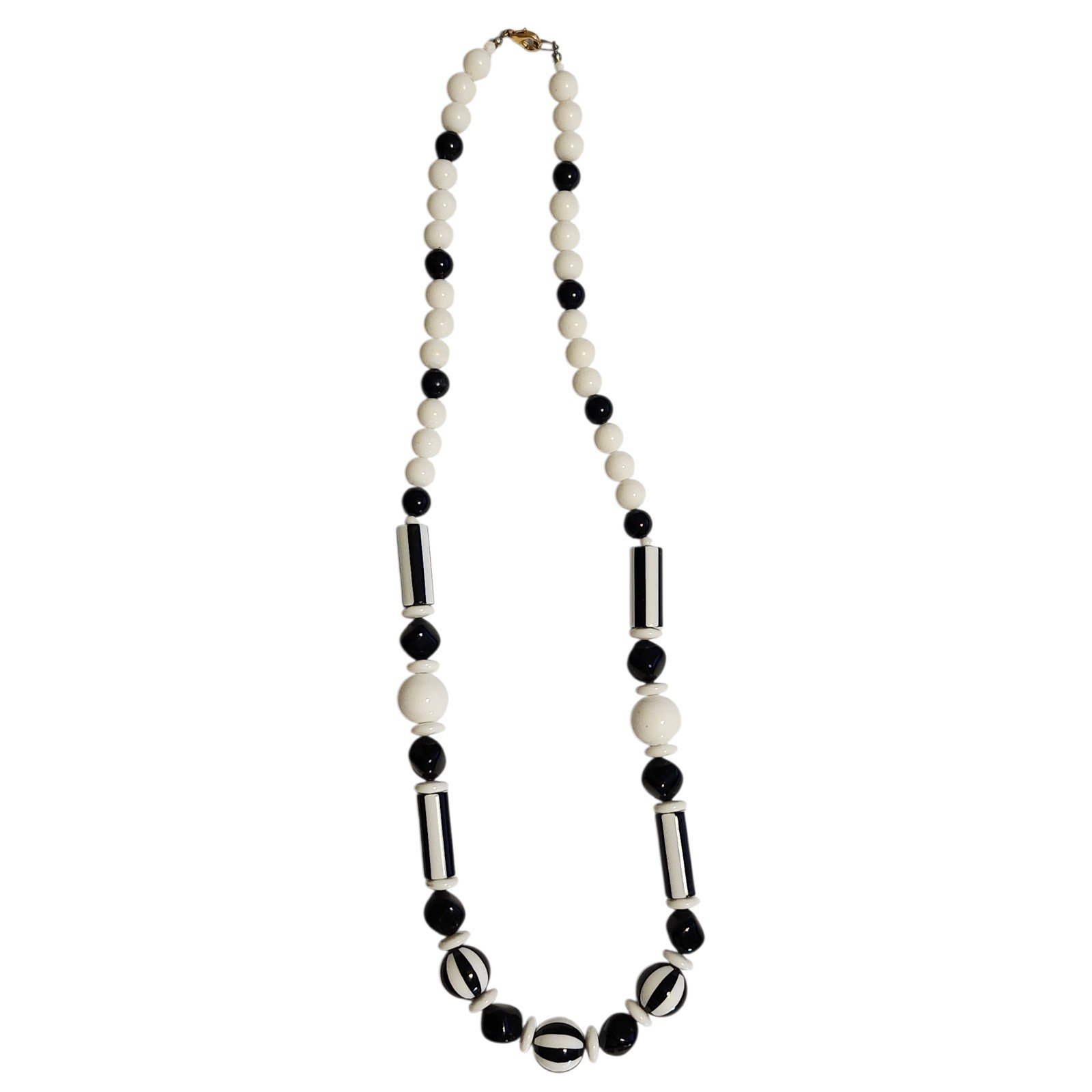 Beaded Black White and Striped Chunky Necklace Classic 1980s Retro 27”