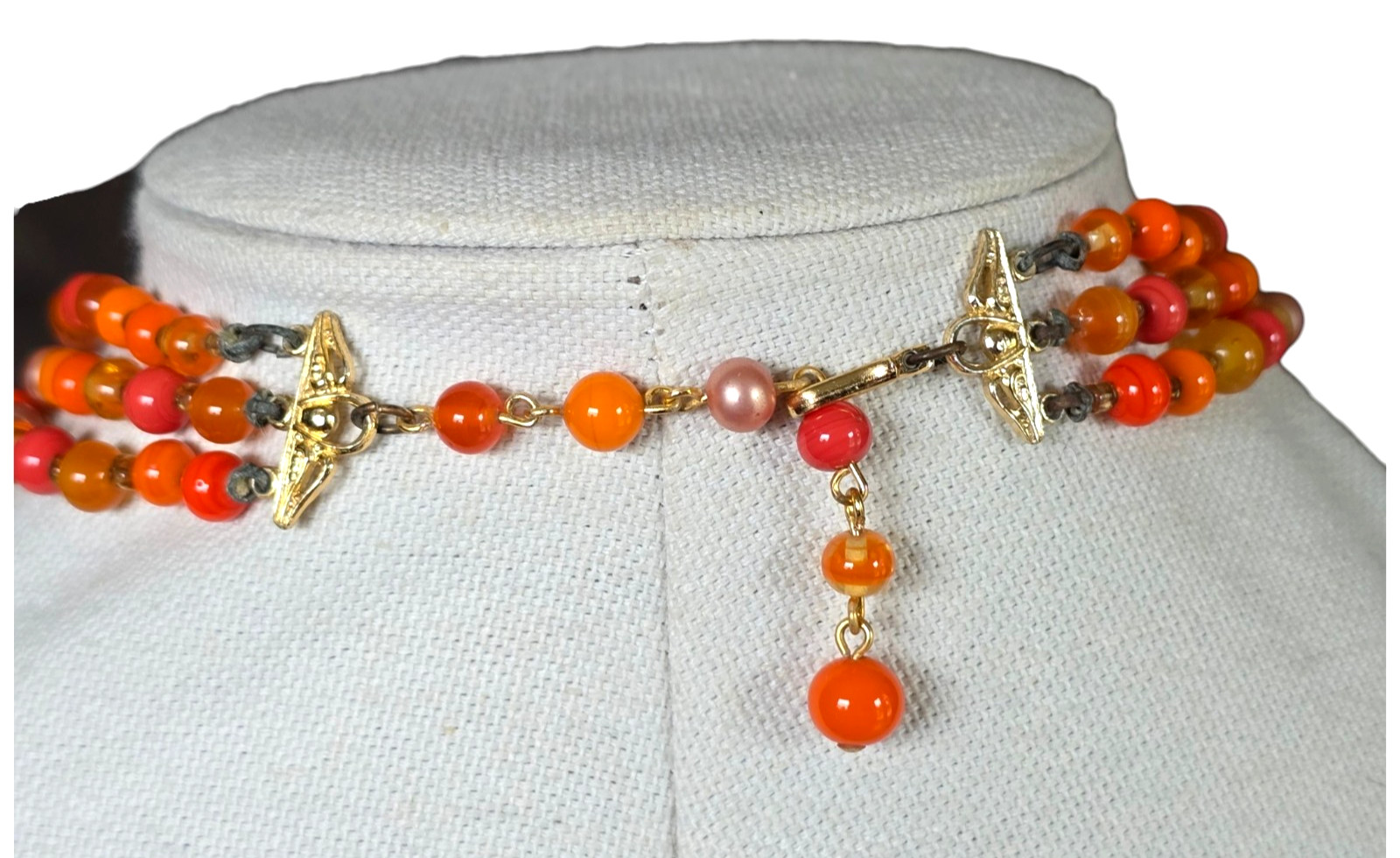Vintage Japan 3 Multi-Strand Beaded Necklace Orange Pink Art Glass Beads