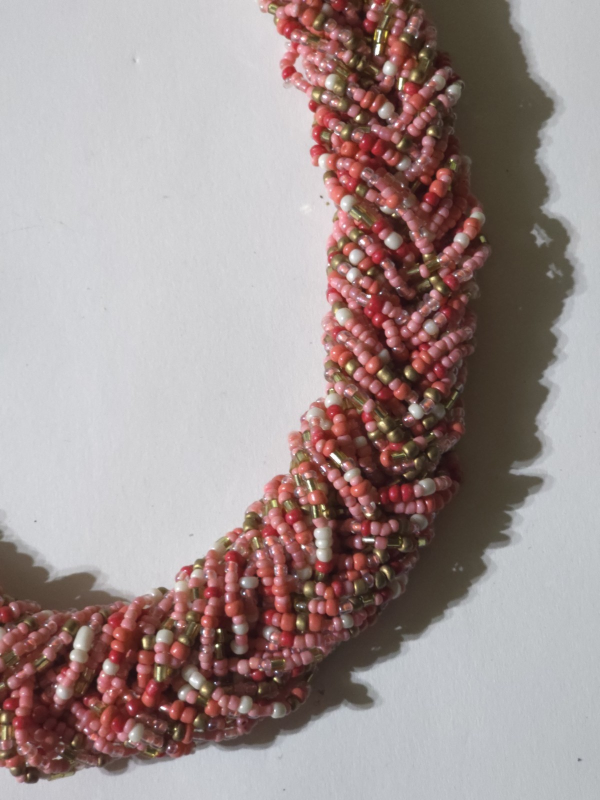 Vintage Bayadere pink white brown braided beads gold tone 21″
