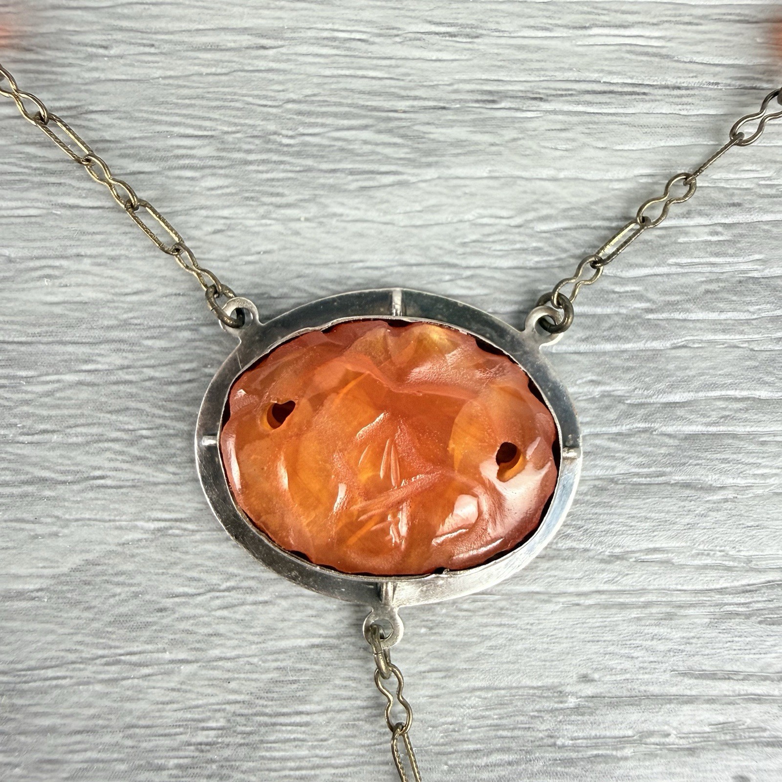 Antique Vintage Carved Carnelian Silver Pendant Necklace Art Deco