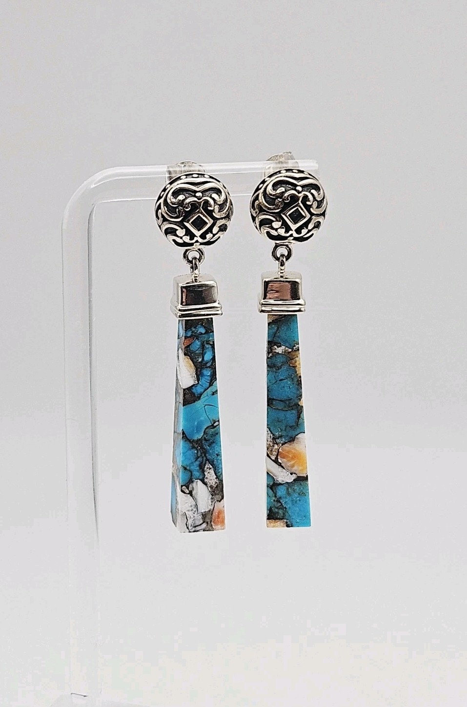 BBJ Sterling Silver Turquoise & Spiney Oyster Shell Dangle Earrings 2.20″