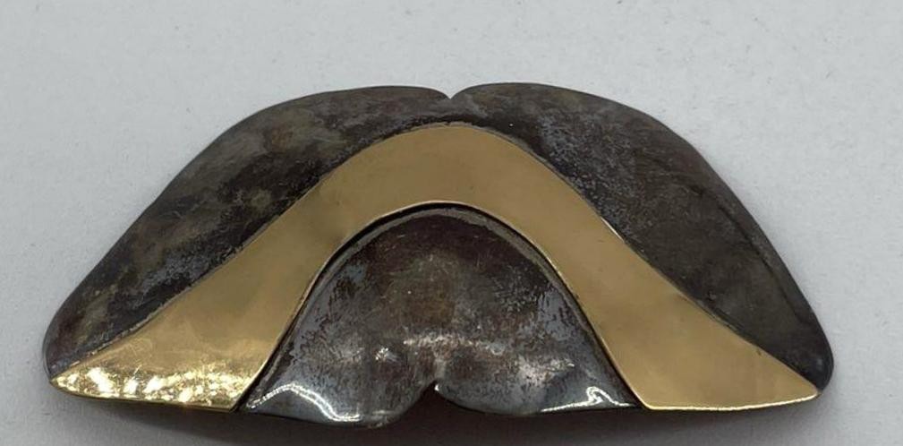 Big ARTS & CRAFTS PERIOD Handmade Sterling Silver & Brass Brooch Pin