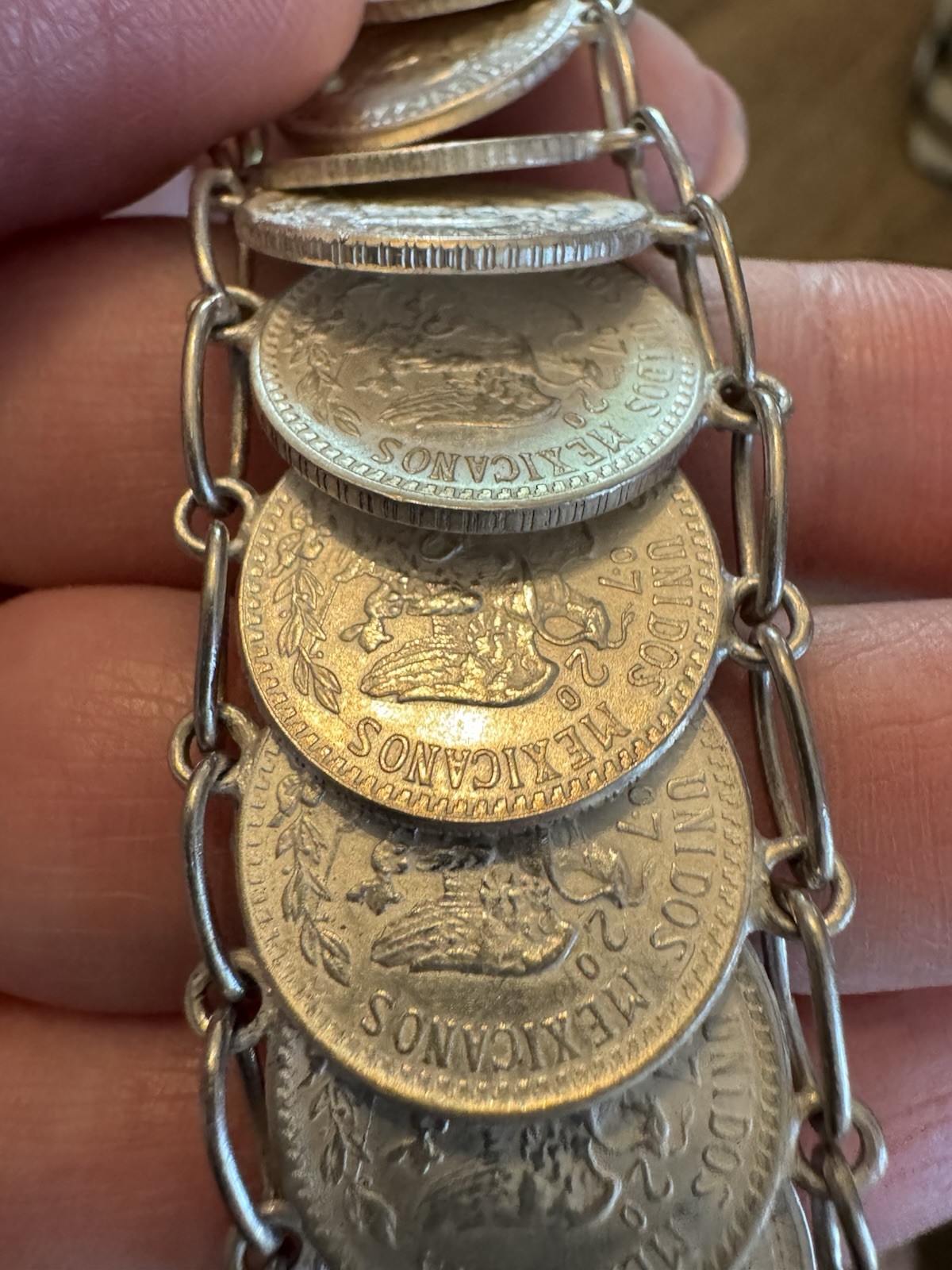 Vintage Mexican 20 Centavos Coin Bar Link Chain Bracelet ~ Silver ~ 7 in
