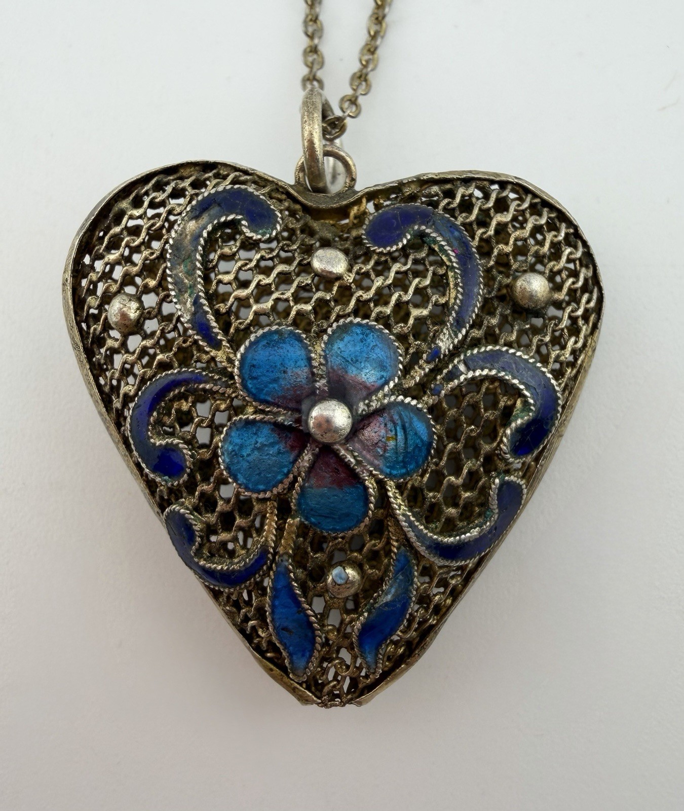 Cloisonne Filigree Enamel Floral Motif Blue Puffy Heart Pendant About 1” Vintage