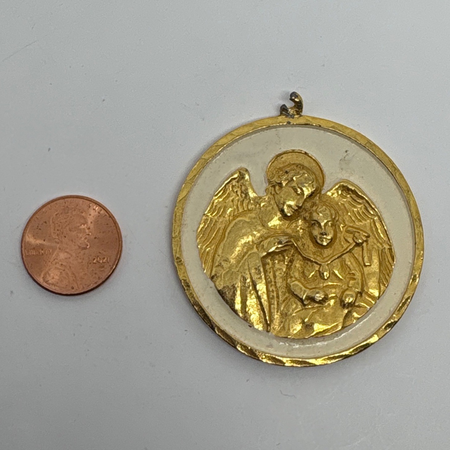 Vintage Angel Guardian Child Gold Tone Religious Medal Pendant Charm Heavy *read