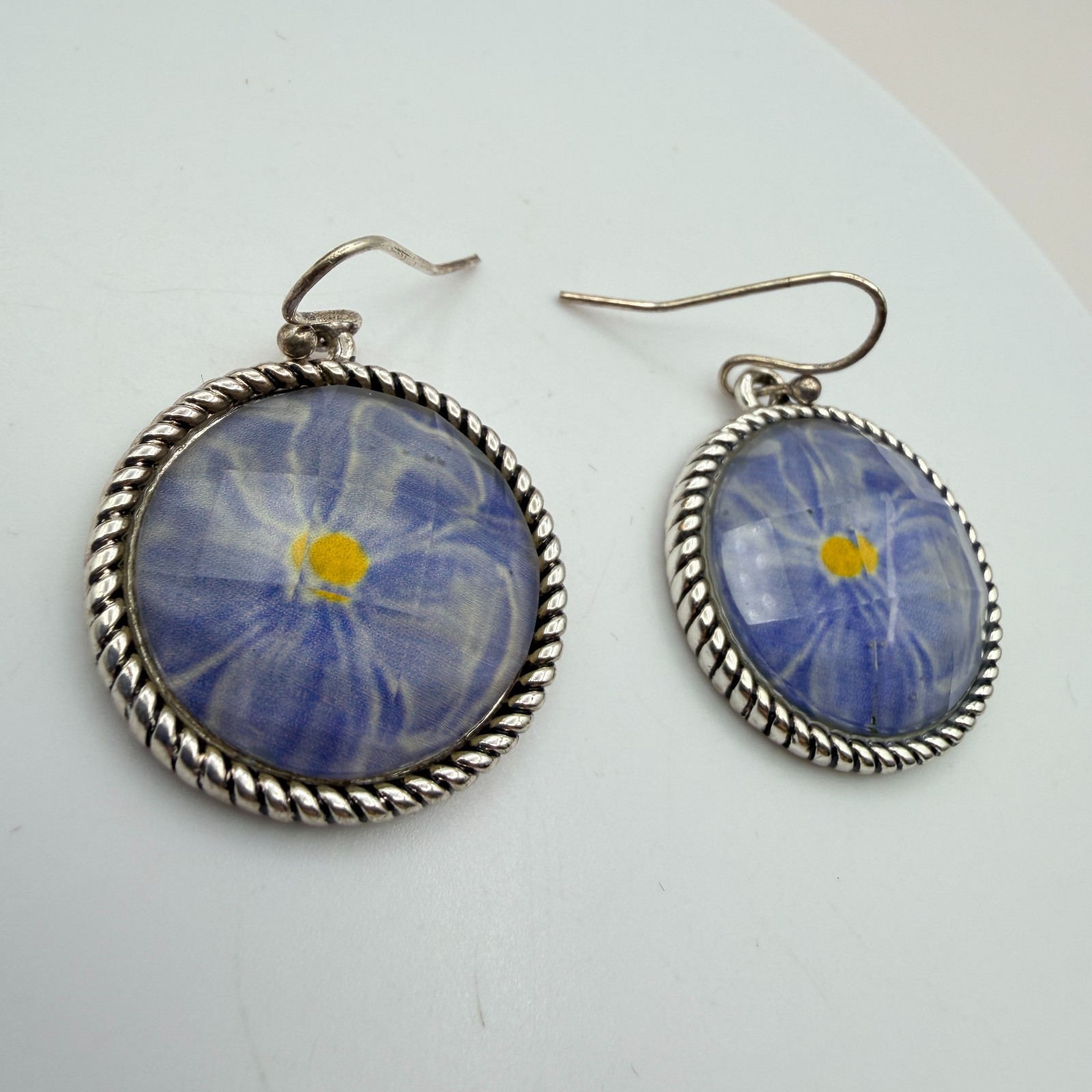 Vintage 90s Silver Tone Blue Flower Glass Cabochon Classic Fashion Jewelry Set