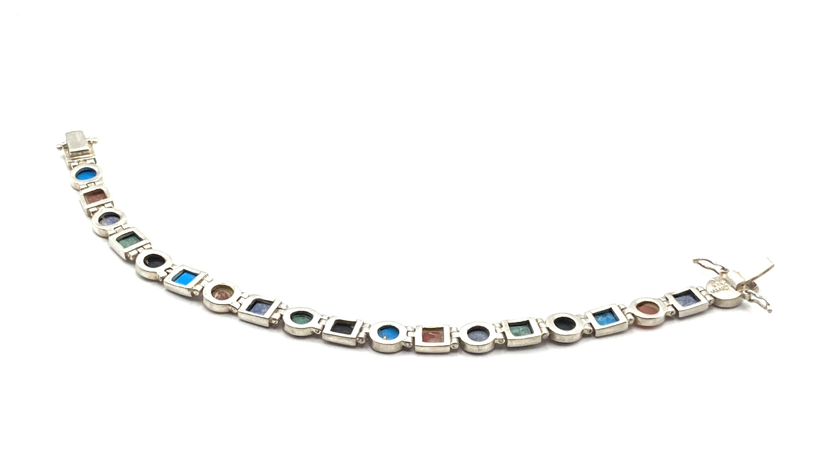 Vintage Sterling Silver Multi-Gemstone Signed Link Bracelet-Hinged-Flexible