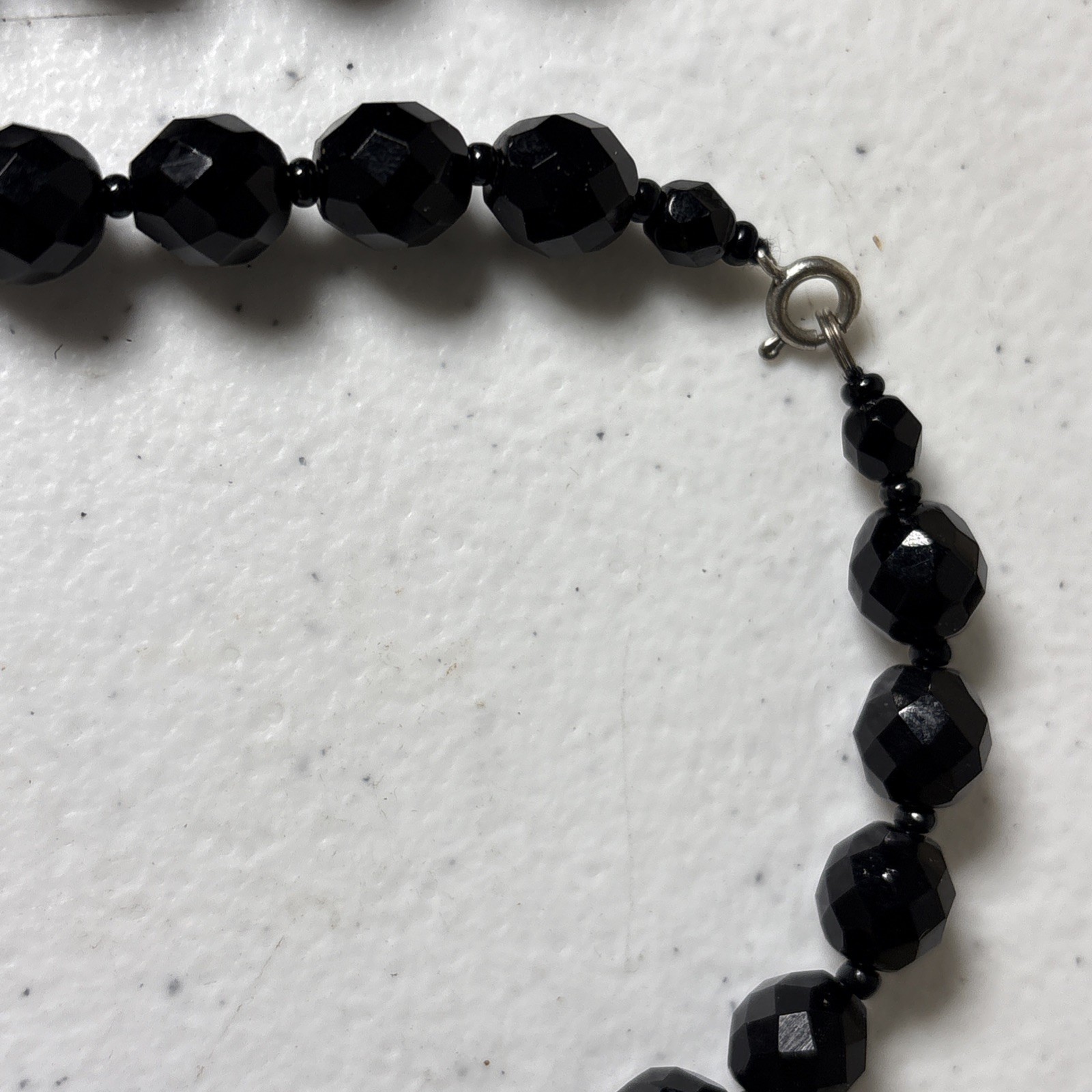 VINTAGE BLACK FACETED GLASS NECKLACE CLIP GLASS EARRINGS SET ESTATE 50’s 60’s