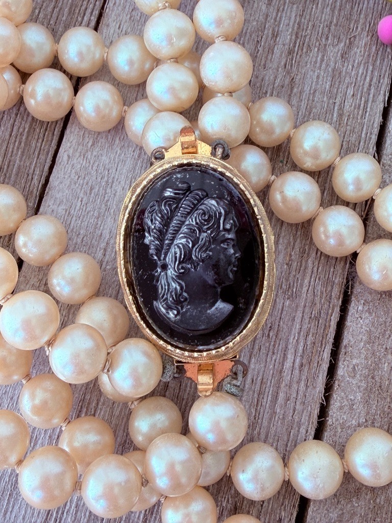 Vintage Faux Pearl Necklace Glass Cameo Brooch Clasp Convertible 26″ 28″ Repair