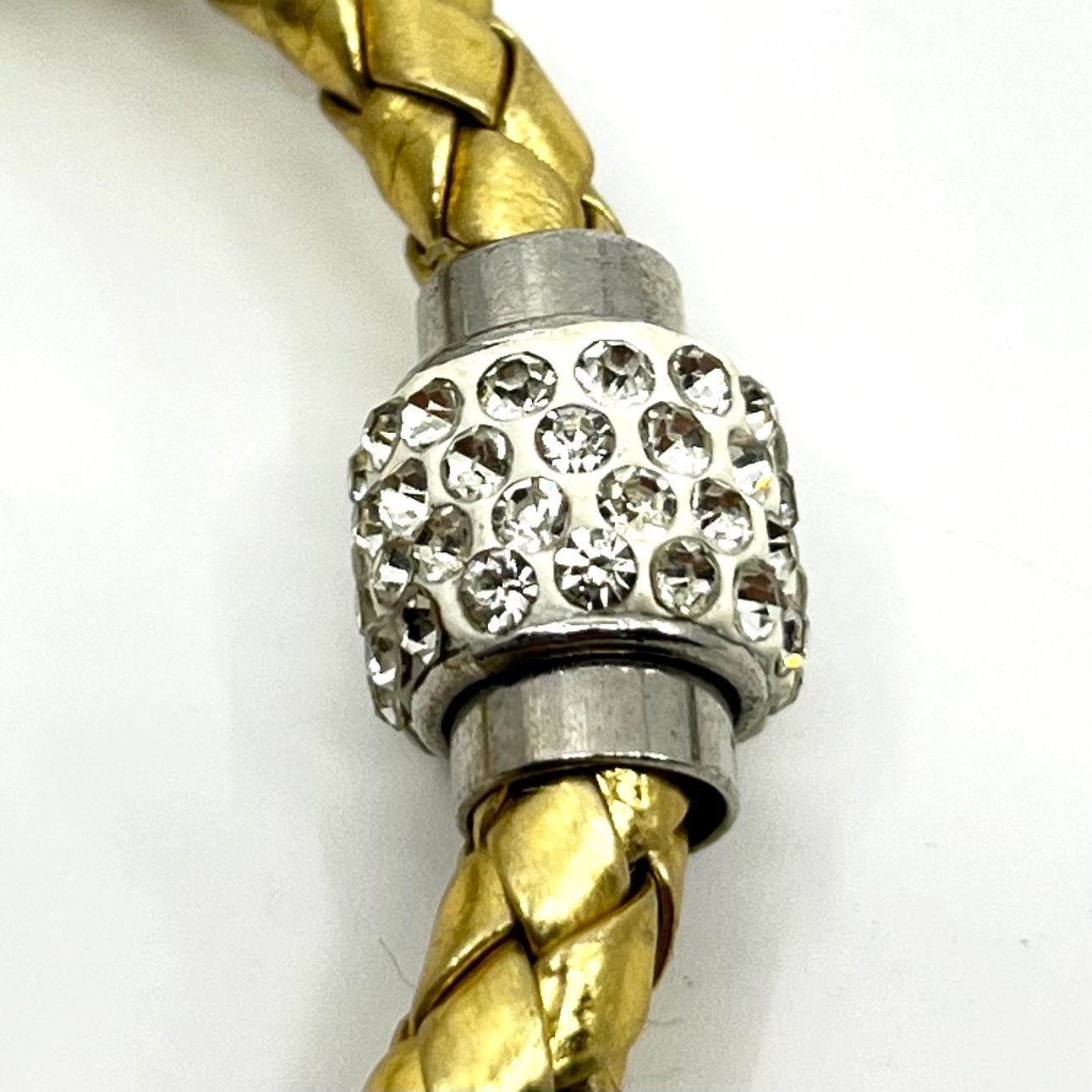 VTG Metallic Gold Tone Braided Faux Leather Bracelet Rhinestone Magnetic Clasp