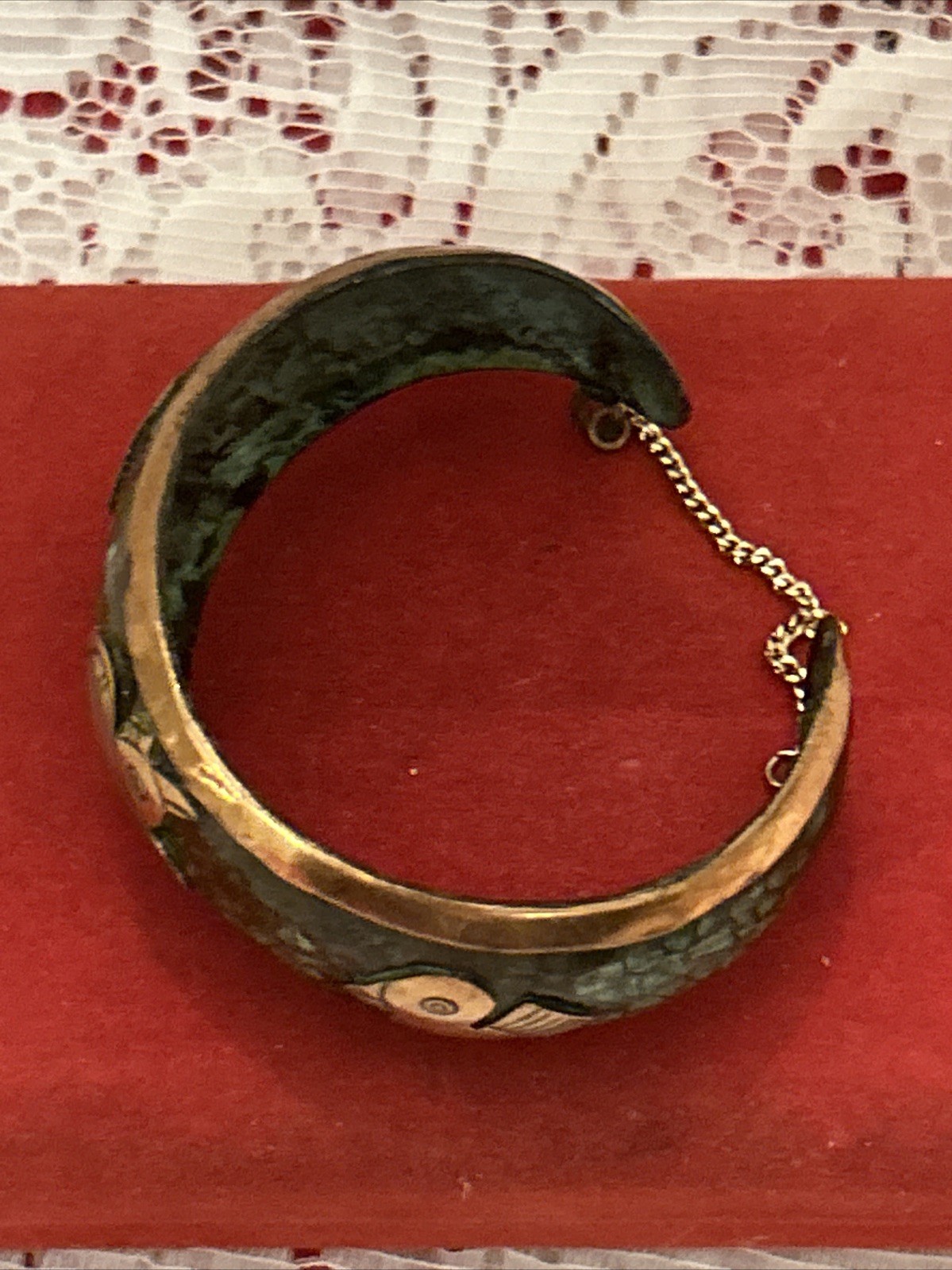 Vintage Copper & Enamel Story Cuff Bracelet With Birds~Safety Clasp