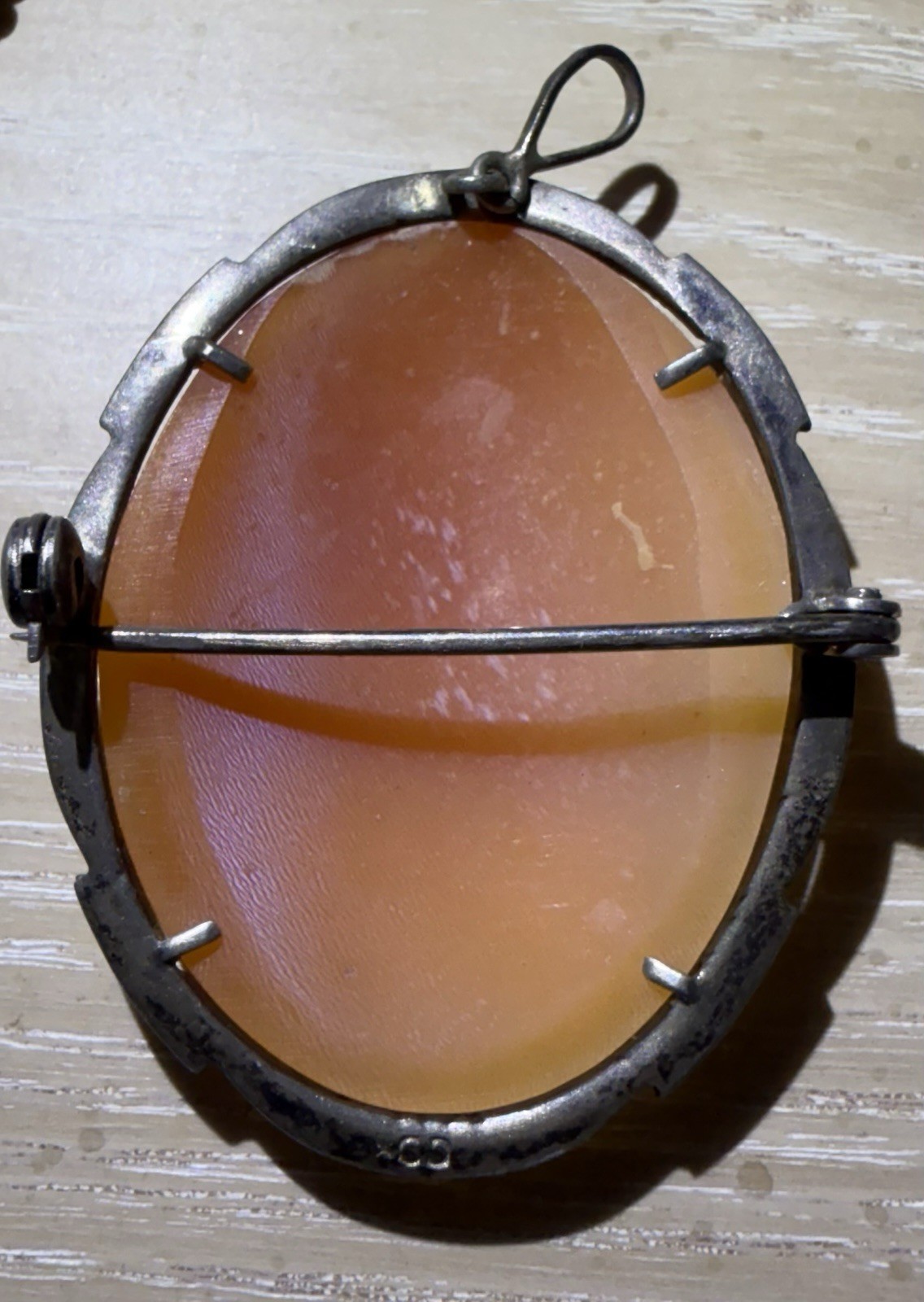 Antique Victorian Oval Shell Cameo Brooch Pendant, 800 Silver Frame, Brown/White