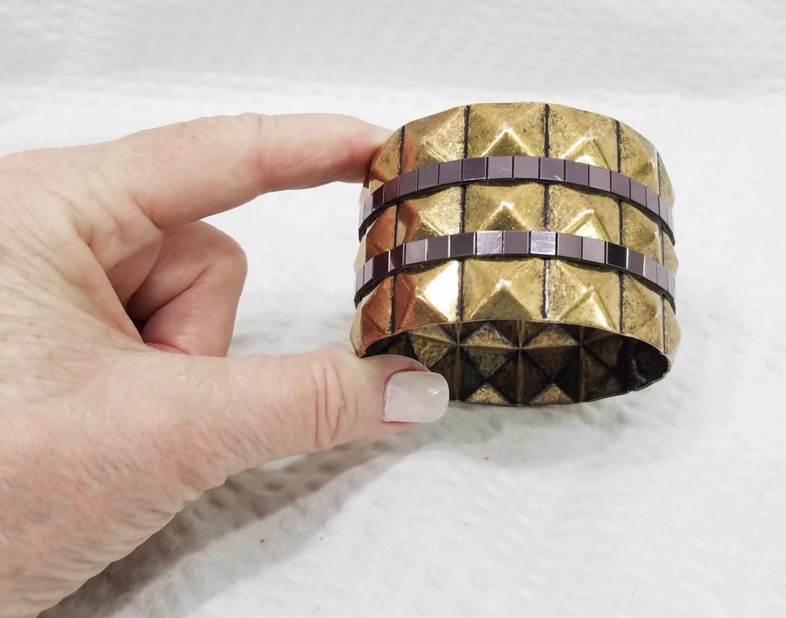 Vintage 1980s Rocker Style Pyramid Studded Brass & Gunmetal Wide Bangle Bracelet